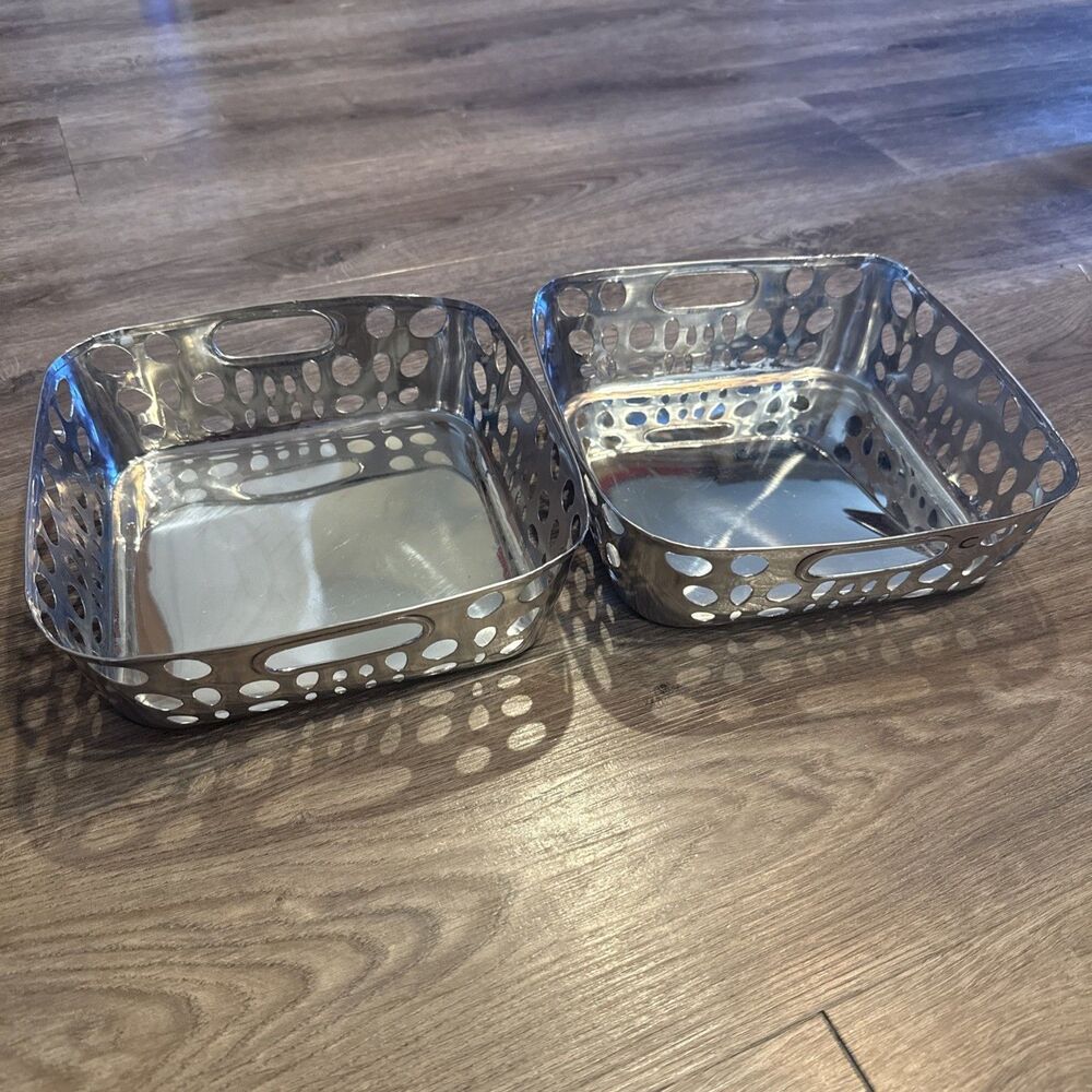 2 Delta Airlines First Class Stainless Steel Cut Out Basket/ Serving Trays